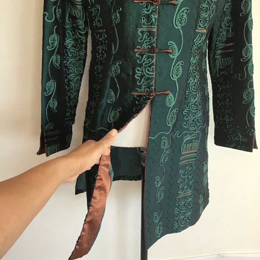 MINIYE ASIAN WOMEN ELEGANT TEAL GREEN EMBROIDERED FLORAL DESIGN SILK COAT SZ XL - Picture 6 of 10